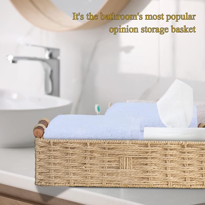 STOBSK Round Paper Rope Storage Basket with Handle, Beige, 14.5in x 6.6in x 3.74in