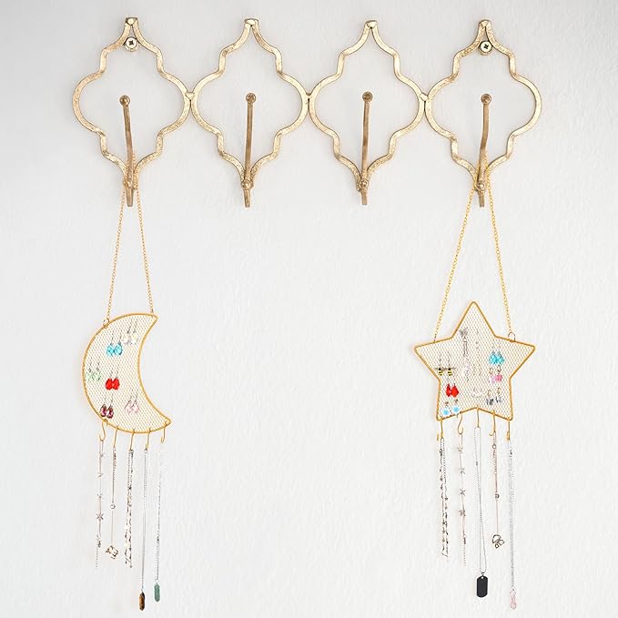 Jetec 2 Pcs Earring Wall Holder Wall Mounted Organizer Hanging Stand Decorative Diamond Grid Shape Jewelry Display Rack with Hanging Hooks for Earrings Necklace Bracelet(Gold)
