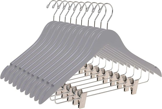 Quality Wooden Semi Curved Skirt Hangers with Clips, 10-Pack Smooth Solid Wood Pants Hangers with Durable Adjustable Metal Clips, Swivel Hook, Coat, Jacket, Blouse Suit Hangers (Gray, 10)