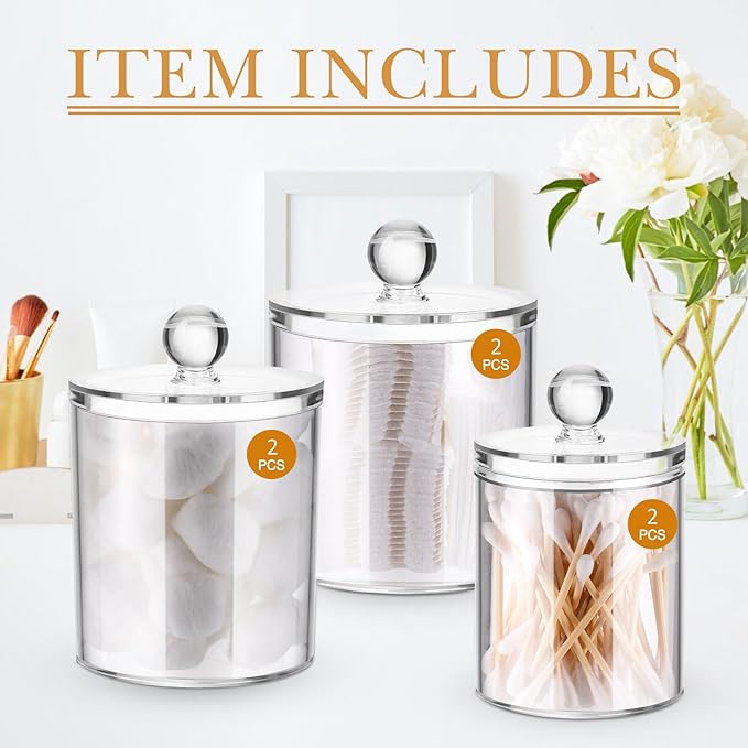 Meanplan Plastic Apothecary Jars with Lids Acrylic Holder Dispenser for Bathroom, 10/22/39 oz Clear Plastic Storage Jars Floss Container for Swab Cotton Ball, 3 Sizes(6 Pack,Acrylic Lid)