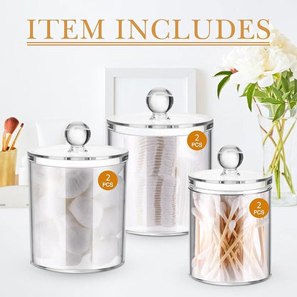 Meanplan Plastic Apothecary Jars with Lids Acrylic Holder Dispenser for Bathroom, 10/22/39 oz Clear Plastic Storage Jars Floss Container for Swab Cotton Ball, 3 Sizes(6 Pack,Acrylic Lid)