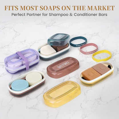 Shampoo Bar Holder and Soap Case, Leakproof Travel Container with Lid & Drain Tray, Includes Silicone Strap and Soap Bag, Compatible with Kitsch Solid Shampoo & Conditioner Bars(Lemon Yellow, Large)