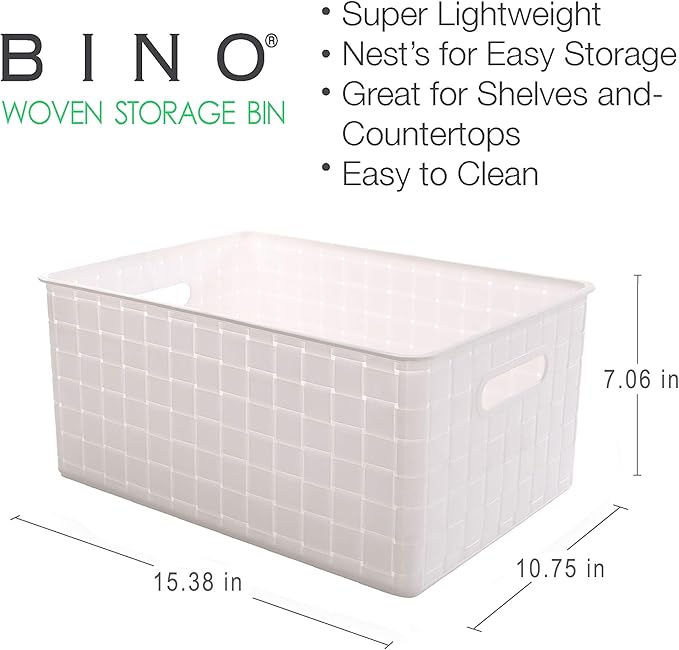 BINO | Plastic Basket, Large - White | 3 Pack | THE STABLE COLLECTION | Multi-Use Storage Basket | Rectangular Cabinet Organizer | Baskets for Organizing with Handles | Home & Office Storage Organizer