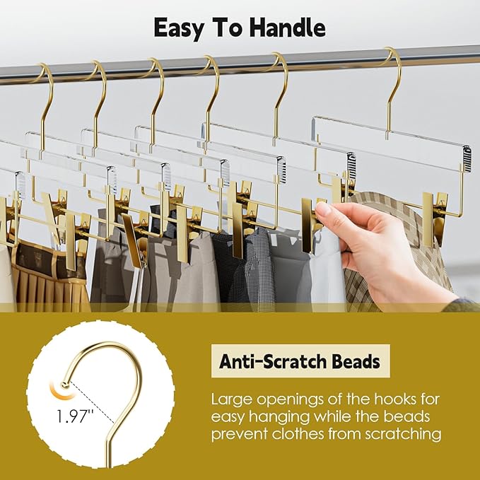 Acrylic Gold Pants Hangers with Adjustable Clips 30 Pack, Non-Slip Skirt Hanger for Women, Heavy Duty Space-Saving Clothes Organizer for Trousers, Coats, Jeans, Adults & Kids