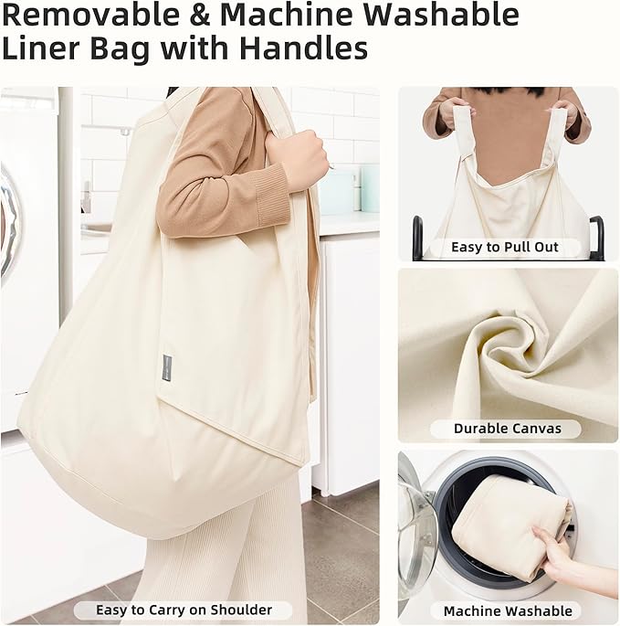 STORAGE MANIAC Rolling Laundry Hamper with Wheels 1-Section Laundry Sorter Rolling Laundrys Basket on Wheels with Removable Bag Clothes Hamper Laundrys Organizer Cart Bathroom Bedroom 90L Beige