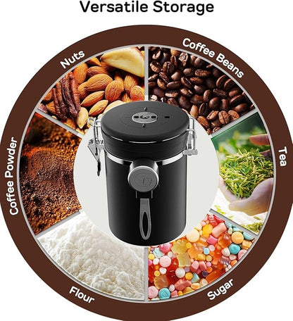 Coffee Gator Coffee Canister, Airtight Stainless Steel Kitchen Food Storage Container with Date Tracker, Scoop for Sugar, Grounds Coffee, Beans,Tea, Sugar, Cereal, Flour, Cookies Jars (Black, 16oz)
