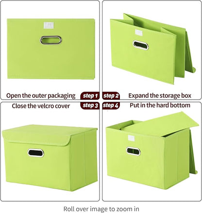 STOREONE Fabric Storage Cube Bins Foldable Organizer Container Collapsible Basket with Lids and Metal Handles, for Home, Bedroom, Closet 6 Pcs (multicolour-green)