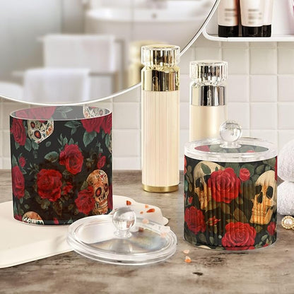 2 Pack Qtip Dispenser Apothecary Jars with Lids Cotton Round Holder Bathroom Canisters for Cotton Swab Floss Ball Pads Clear Plastic Decorative Black Mexico Skull Rose