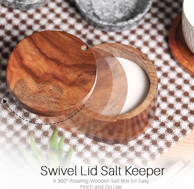 KH Acacia Wood Salt or Spice Box with Swivel Cover perfect for keeping table salt, Salt Cellers, gourmet salts, herbs or favorite seasonings, 3.5 (dia) x 2.5 Inch (height)