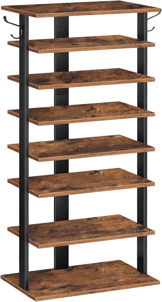 HOOBRO 8 Tiers Vertical Shoe Rack, Wooden Shoe Storage Organizer with Hooks, Narrow Shoe Tower for 16 Pairs, Space Saving, for Entryway, Living Room, Bedroom, Rustic Brown BF750XJ01