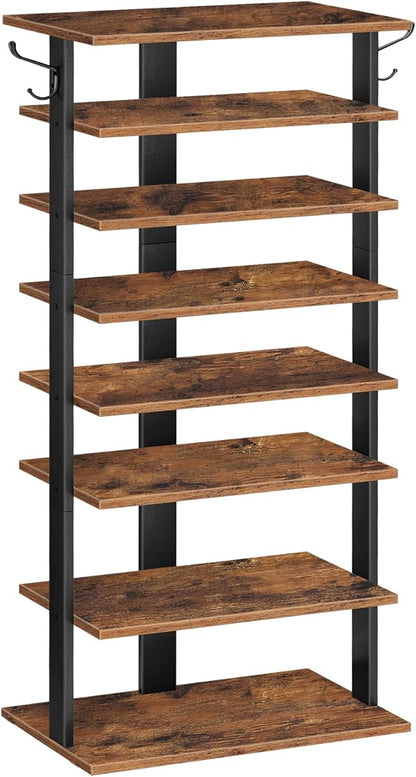 HOOBRO 8 Tiers Vertical Shoe Rack, Wooden Shoe Storage Organizer with Hooks, Narrow Shoe Tower for 16 Pairs, Space Saving, for Entryway, Living Room, Bedroom, Rustic Brown BF750XJ01