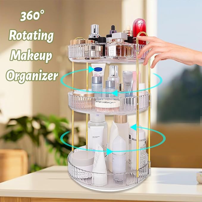 Skincare Organizers 360 Rotating, 3 Tier Round Makeup Organizer Countertop,Holder Rack Large Spinning Cosmetics Display Cases, Perfume Beauty Storage for Vanity, Countertop, Bathroom(White-3 Tier)