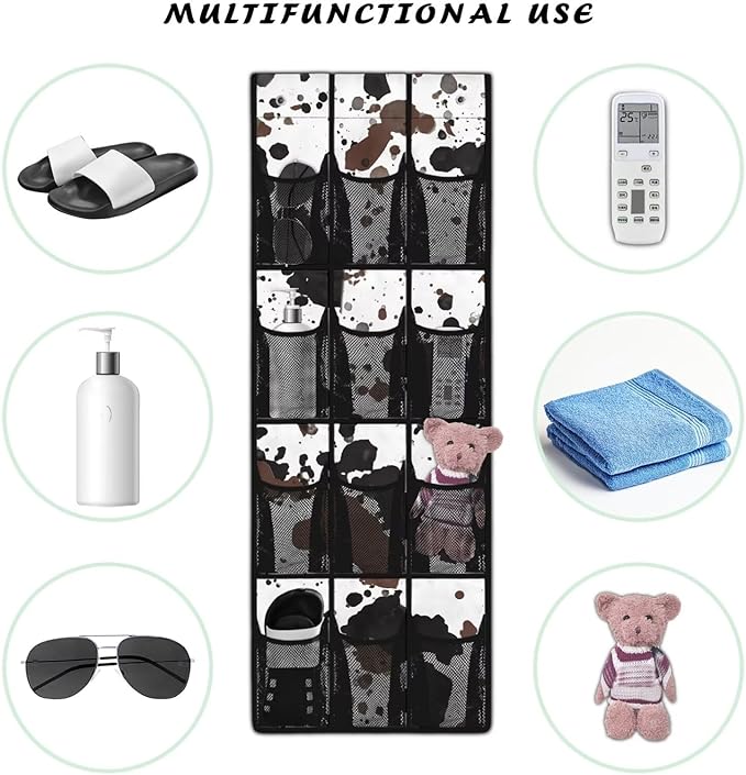 Cowhide Pattern Door Hanger Organizer Mesh Fabric 12 Pockets Over The Door Shoe Organizer for Camping White Wall Hanging Storage for Bathroom