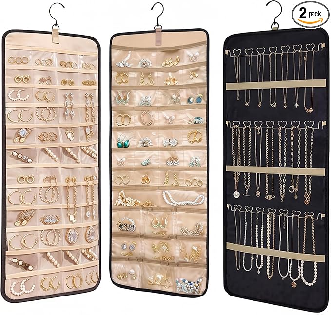 2 Pack Travel Jewelry Organizers and Storage Set: One with 48 Pockets for Earring & Ring, One with 43 Large Pockets for Bracelets & Watches, Hanging Storage Roll with Hanger for Closet Wall