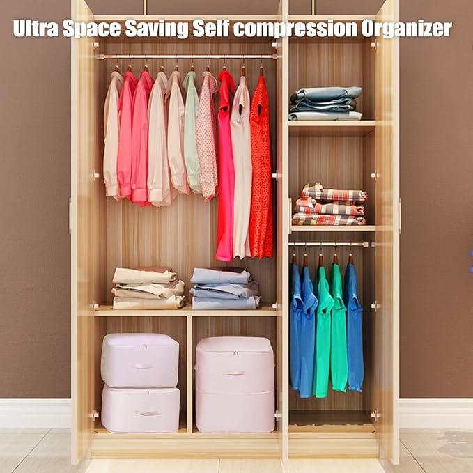 Ultra Space Saving Self Compression Storage Bags for Organizer, Large Heavy Duty College Moving Bags, Travel Packing Organizers Storage Tote for Clothes Comforters,Blankets,Bedding (Pink,XL)