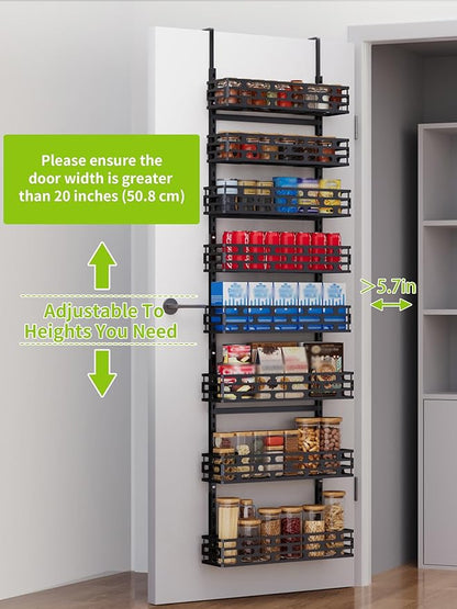 8-Tier Over The Door Pantry Organizer, Metal Pantry Organizers and Storage with Adjustable Basket, Seasoning Shelves for Home & Kitchen, Laundry Room Bathroom, Black