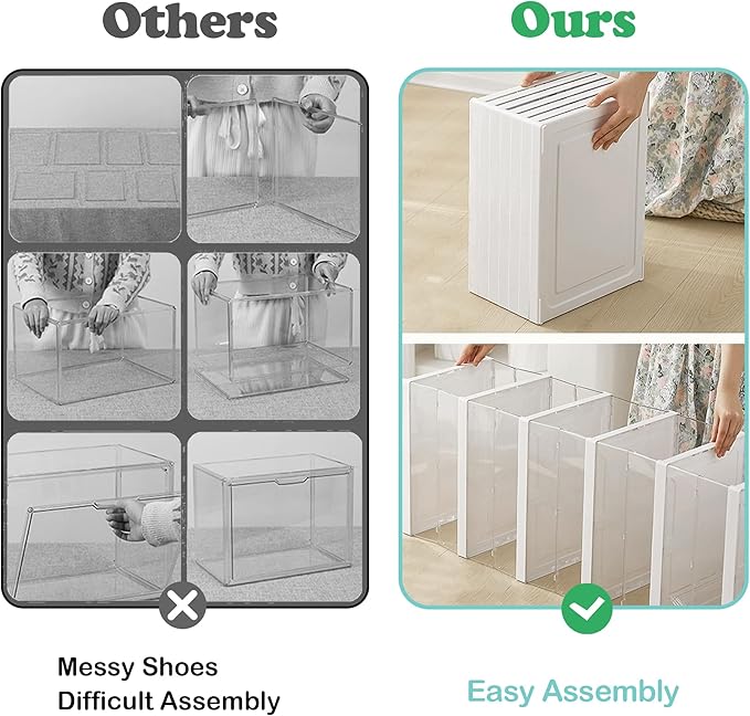ZLLZUU Upgrade Clear Foldable Shoe Storage Organizer, No Assembly 6 Tiers Shoe Box with Fully Clear Door, Plastic Stackable Shoe Rack for Sneakers, Sturdy Shoe Storage Containers Bins
