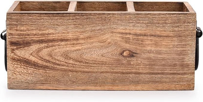 Samhita Mango Wood Cutlery Holder Caddy Organizer Wooden Utensil Storage Organizer Countertop for Silverware Fork Spoon Spatula 3 compartments (11" x 4" x 4.5")