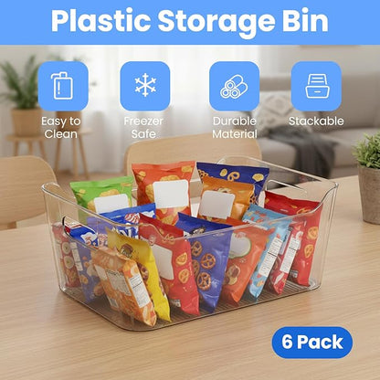 Clear Plastic Storage Bins Set of 6, Multi-Use Organizers and Storage Containers With Handles, Organizer Bins for Home & Kitchen, Cabinet and Pantry