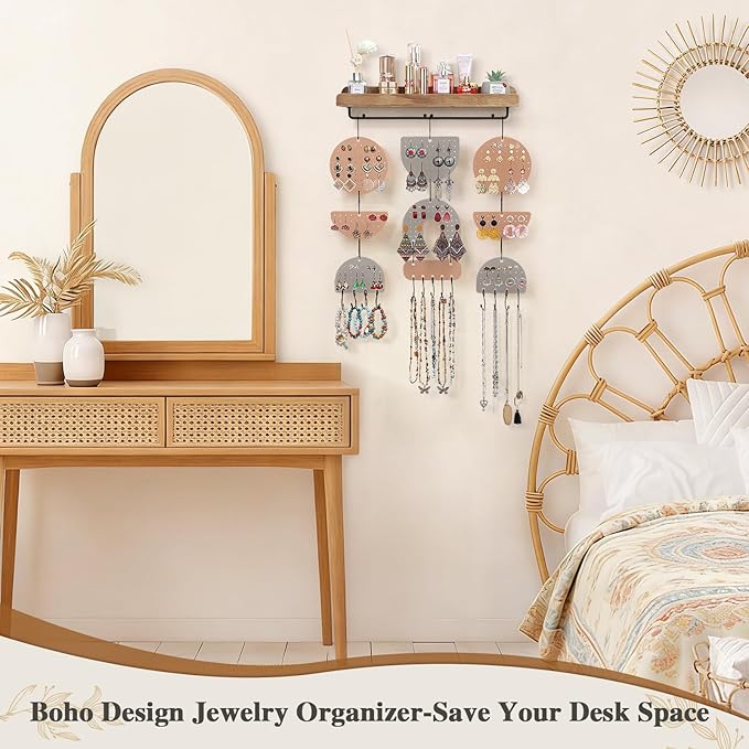 Keebofly Wall Mounted Jewelry Organizer, Boho Hanging Earring Holder with Wood Shelf & Necklace Hooks, Acrylic Pegboard Earring Display Rack for 100+ Pairs Studs, Hoops & Dangles, Decorative Storage