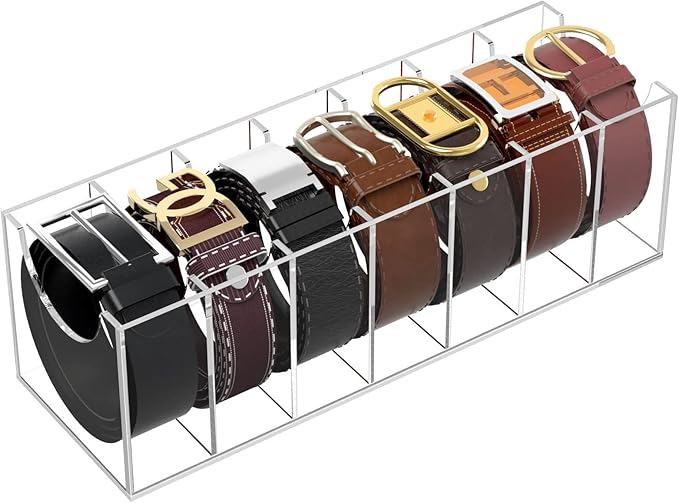 NIUBEE Belt Organizer, Acrylic Belt Storage Holder for The Closet, 7 Compartments Display Case for Tie and Bow Tie