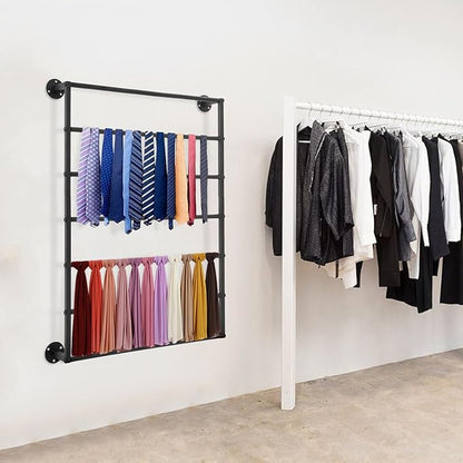 Wall Mounted Display Rack, 7-Tier Wall Mounted Scarf Rack, Black Towels Storage Rack, Wrapping Paper Ribbon Organizer, Metal Wall Display Rack for Bedroom, Retail Store, Flower Shop