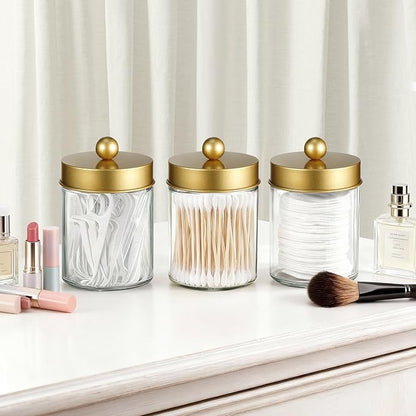 3PC Farmhouse Decor Qtip Holder Apothecary Jars Bathroom Vanity Storage Organizer -Countertop Canister Container &Cute Stickers for Cotton Swab,Ball,Pad,Floss,Paper Clips (Gold)