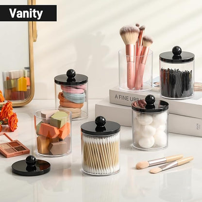 6 Pack Acrylic Qtip Holder Dispenser for Cotton Swabs, Balls, Pads, Floss - Plastic Canister Apothecary Jar Set, Bathroom Essentials Accessories Decor Vanity Makeup Storage Organizer - Clear & Black