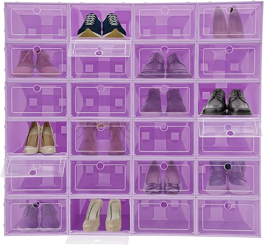 24 Pack Stackable Shoe Boxes with Clear Lids - Foldable Shoe Storage Organizer for Closet Cabinet, Color Options for Sneakers Flats Home Organization (Purple)