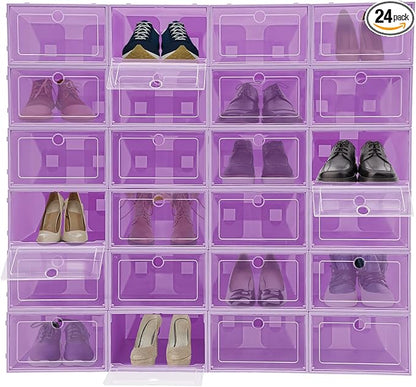 24 Pack Shoe Storage Boxes, Clear Stackable Shoe Organizer for Closet with Flip Lid, Foldable Plastic Shoe Boxes Sneaker Containers for Entryway, Closet, Under Bed (Purple)