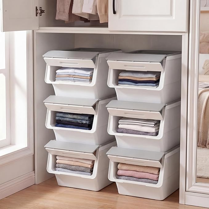 Giantex Plastic Stackable Storage Bins with Lids & Wheels, 6 Pack Open Front Stacking Bins, Organizer Bins for Pantry, Kitchen, Laundry, Closet, Playroom, Bedroom Organization (35 QT)