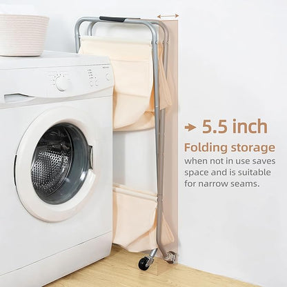 STORAGE MANIAC Collapsible Laundry Cart with Wheels 31.5"H Rolling Laundry Hamper Clothes Basket with Wheels, Canvas Liner Sturdy Steel Frame Folding for Small Narrow Space Easy Storage, Beige