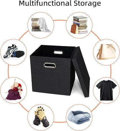 Storage Bins with Lids, Collapsible Linen Fabric Boxes Organizer Containers with Lid Foldable Storage Box Basket for Closet, Shelves, Home, Office, 12 x 12 x 12.4 Inch, 4 Pack, Black