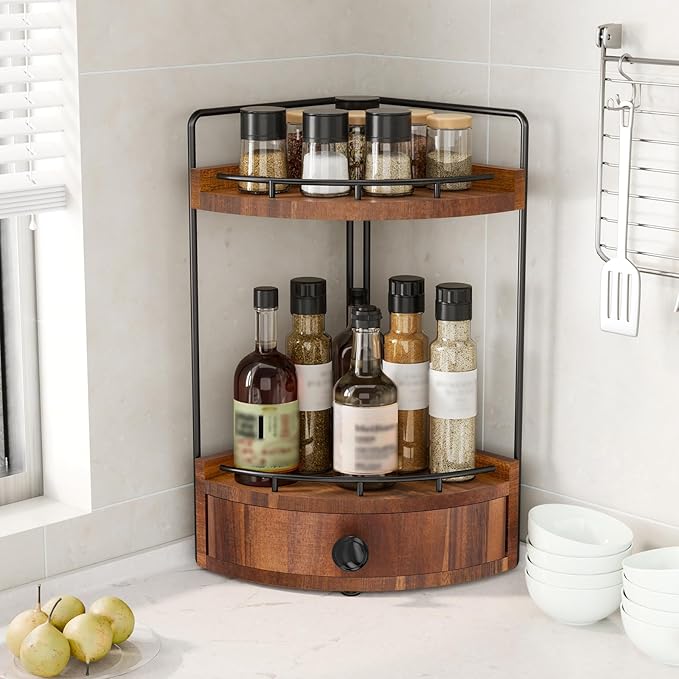2-Tier Corner Bathroom Counter Organizer with Drawer & Embedded Screw Holes - Wooden Countertop Organizers for Skincare, Makeup Storage, Bathroom Sink Counter Shelf for Vanity, Acacia Wood-Brown