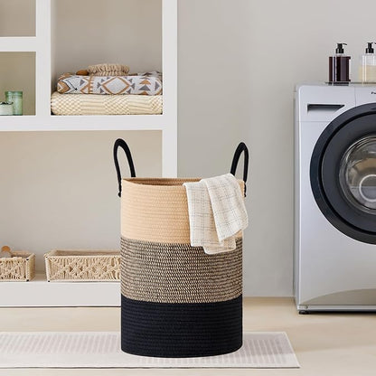 VIPOSCO Large Laundry Hamper, Tall Woven Rope Storage Basket for Blanket, Toys, Dirty Clothes in Living Room, Bathroom, Bedroom - 72L Brown & Black