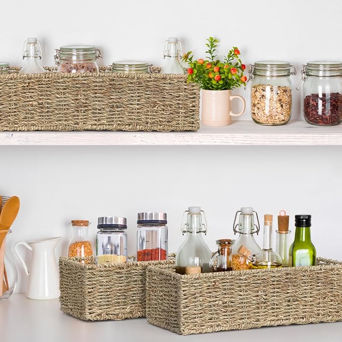 [2-Pack] Seagrass Storage Baskets, Rectangle Wicker Containers, Wicker Toilet Basket Tank Topper, Handwoven Natural Storage Baskets for Shelves, Bathroom, Bedroom (16" x 6.5" x 4.3")