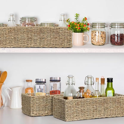 [2-Pack] Seagrass Storage Baskets, Rectangle Wicker Containers, Wicker Toilet Basket Tank Topper, Handwoven Natural Storage Baskets for Shelves, Bathroom, Bedroom (16" x 6.5" x 4.3")