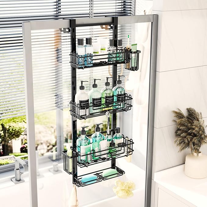 HapiRm 4 Tier Over the Door Shower Caddy, Hanging Shower Organizer with 22 Hooks and 2 Toothbrush Holders, No Drilling Adjustable Hanging Shelves for Bathroom Storage - Black