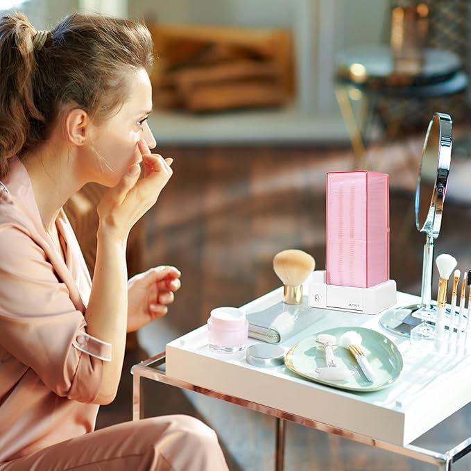 Automatic Cotton Pad Holder, Square Press Out Cosmetic Cotton Makeup Removers Pad Holder, Makeup Cotton Organizer Container Dispenser Storage Display Rack(Pink)