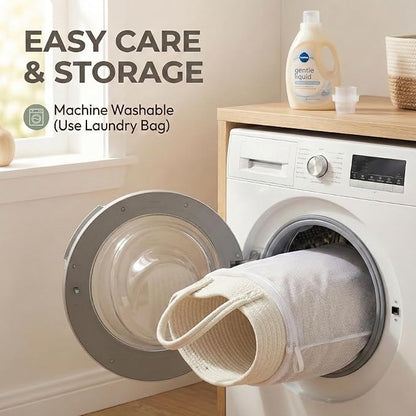 JMvicyroam 65L Extra Large Blanket Basket for Living Room - Woven Cotton Rope Laundry Hamper with Reinforced Handles - Storage Bin for Pillows, Comforters & Toys - Machine Washable,White