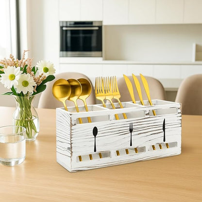 Farmhouse Wooden Utensil Caddy Party Cutlery Silverware Holder Small Wood Utensil Holder for Kitchen Counter Decor Flatware Cutlery Organizer Table Flatware Silverware Caddy Spoon and Fork Organizer