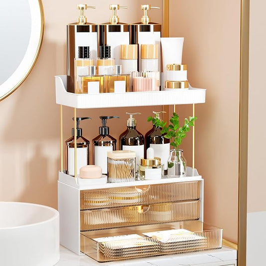 StorBin 3 Large Drawers Makeup Organizer - 5 Tier Bathroom Counter Organizers and Storage, Versatile Perfume Vanity Organizer, Ideal for Cosmetic, Large Skincare, Face Mask, Office Supplies, Amber