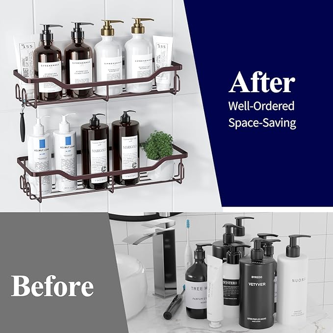 Kitsure Shower Caddy Large - Adhesive Shower Organizer, Stainless Steel Shelf for Inside Shower, No Drill Bathroom Organizers and Storage, Home Decor Accessories, 2 Pack, Brown