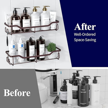 Kitsure Shower Caddy Large - Adhesive Shower Organizer, Stainless Steel Shelf for Inside Shower, No Drill Bathroom Organizers and Storage, Home Decor Accessories, 2 Pack, Brown