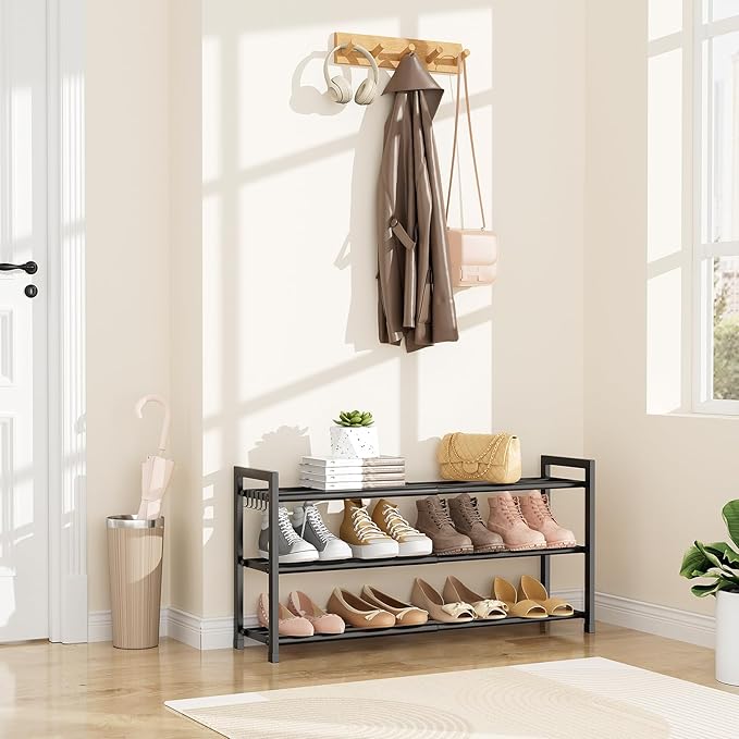 LANTEFUL Adjustable 18"-33" Expandable Shoe Rack for Closet 12 Pairs Small Spaces 3 Tier Shoe Organizer with 5 Hooks Metal Shoe Shelf for Entryway, Bedroom