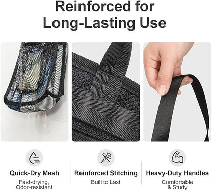F-color Mesh Shower Caddy Portable Hanging - 3 Pockets Small Shower Bag Tote with Zipper Closure for Camping, Gym Lockers, Travel, Toiletry, Quick Dry Bathroom Essentials with S Hook, Black