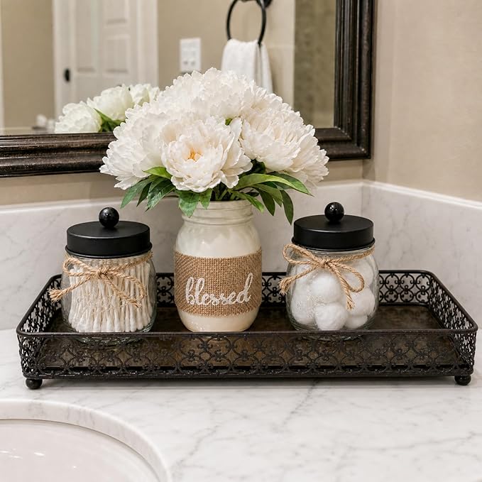 SheeChung 3 Pack Qtip Holder, Cotton Swab Holders, Apothecary Jars with Lids, Bathroom Jars, Black Bathroom Accessories for Cotton Round Pads, Balls, Floss Pick - Black
