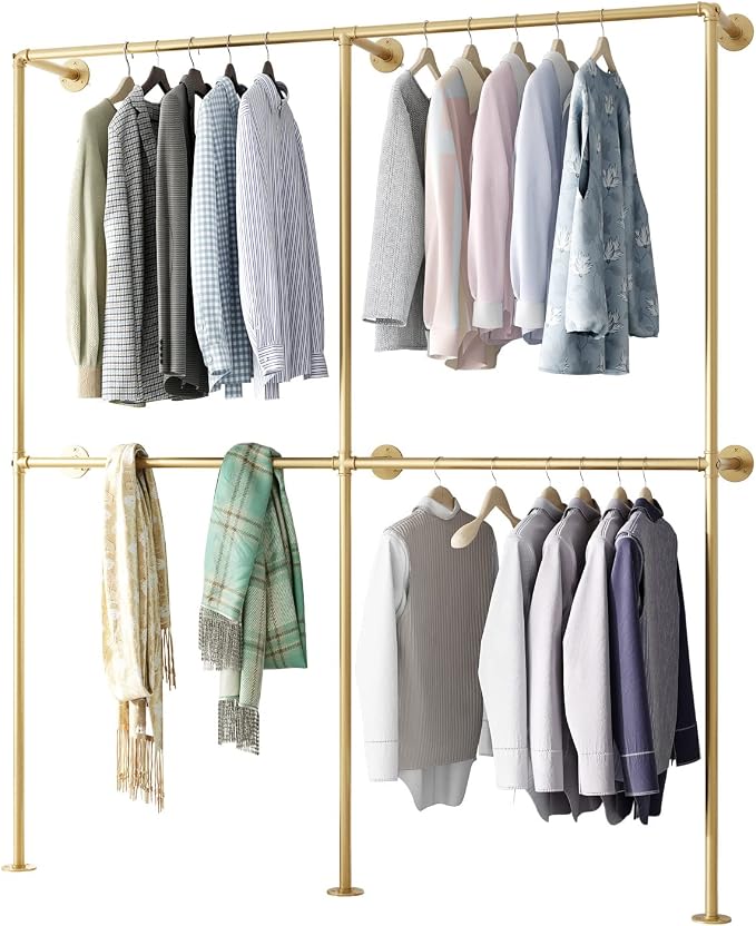 Gold Pipe Clothing Racks Wall Mount Gold Clothes Rack, Heavy Duty Industrial Pipe Clothes Racks Retail Display Hanging Rod for Closet Storage, Laundry Room