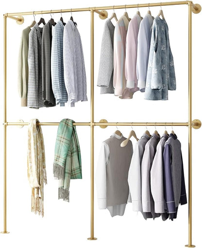 Gold Pipe Clothing Racks Wall Mount Gold Clothes Rack, Heavy Duty Industrial Pipe Clothes Racks Retail Display Hanging Rod for Closet Storage, Laundry Room