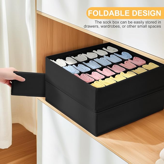 Joyoldelf Sock Drawer Organizer Divider Underwear Organizer 24-cell Fabric Dresser Drawer Organizers Storage Boxes for Socks Lingerie, Handkerchiefs, Ties 4 Pack (Black)